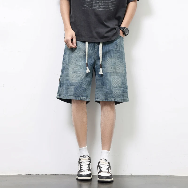 Celana Pendek Denim Gambar Kotak-kotak Langit Berbintang Pria Celana Pendek Jeans Melar Kaki Lurus Pas Longgar Nyaman Dicuci Retro Kasual Musim Panas