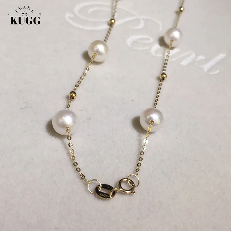 

KUGG 18K Yellow Gold Necklace 6-7mm Natural Freshwater Pearl 95cm Overlength Chain Foldble and Wearzble Party Jewelry for Women