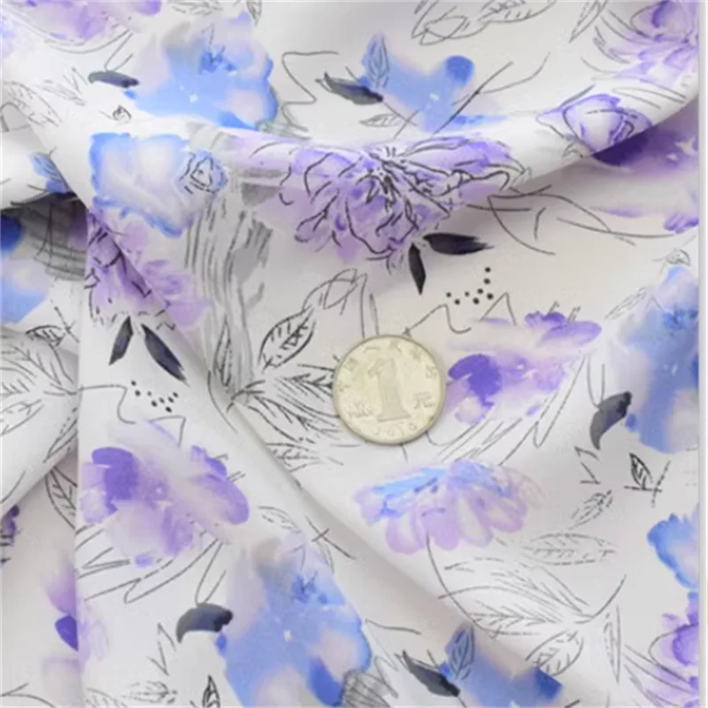 Purple floral ice silk chiffon fabric, spring and summer printed fabric, opaque, soft and smooth