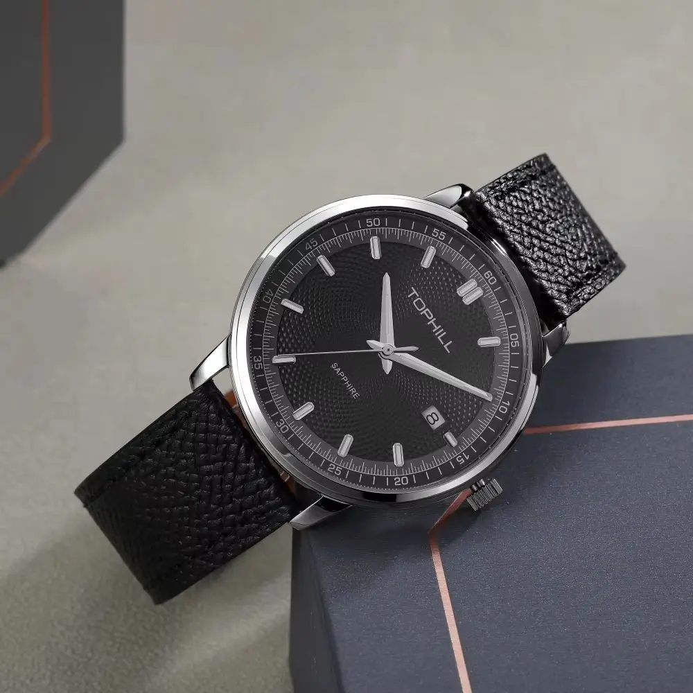 TOPHILL Quartz Watch Ronda 515 40mm Ultra Slim Case Barley Corn Pattern Dial 3H Date Window Luminous Hands Waterproof 50M TW112G