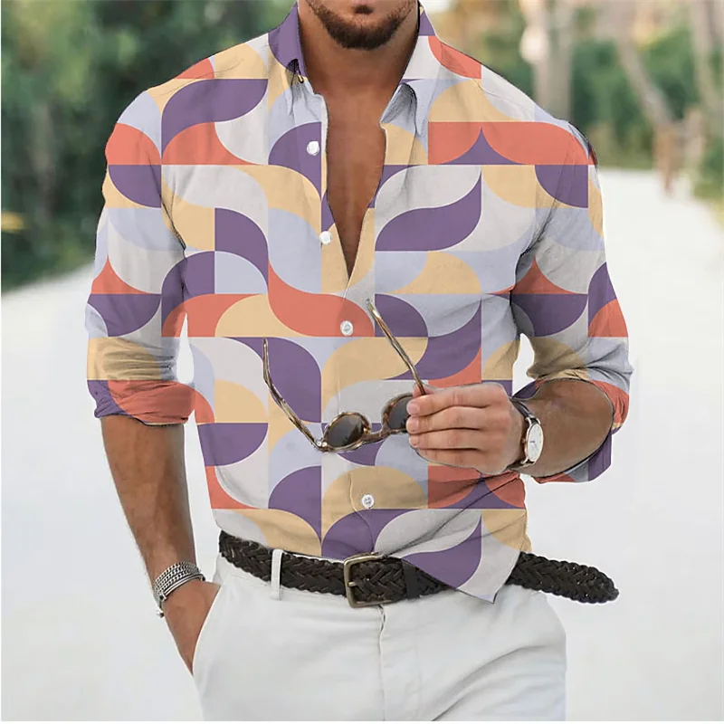 Camisa de manga larga con botones para hombre, dobladillo de diamante geométrico impreso, ropa de calle al aire libre, solapa, estilo de moda, diseñador de moda