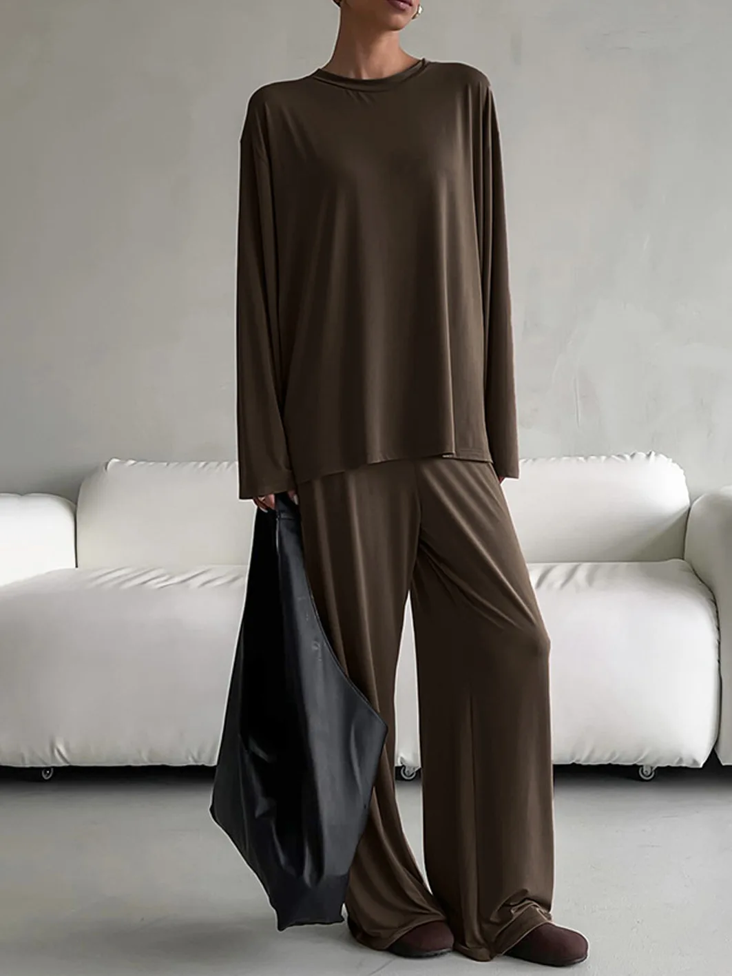 

DriftWear New Pajama Set Women Solid O Neck Long Sleeve Top+Elastic High Waist Wide Leg Pant 2Pcs Set Casual Loose Home Clothing