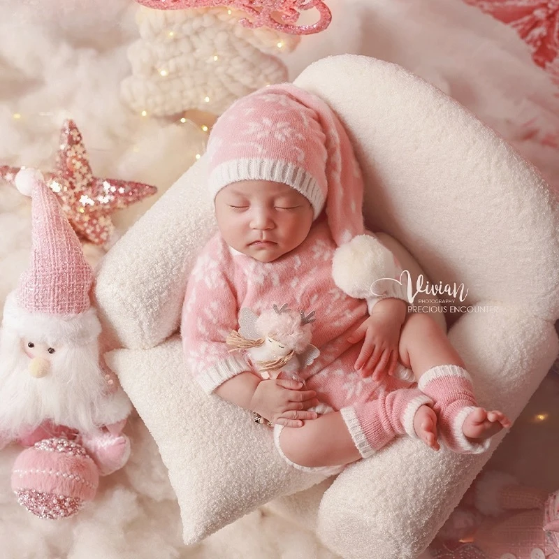 الوليد التصوير الدعائم الوردي رومانسية عيد الميلاد موضوعات محبوك الزي يتساقط الثلج خلفية الانتحال أريكة عيد الميلاد الديكورات لالتقاط الصور