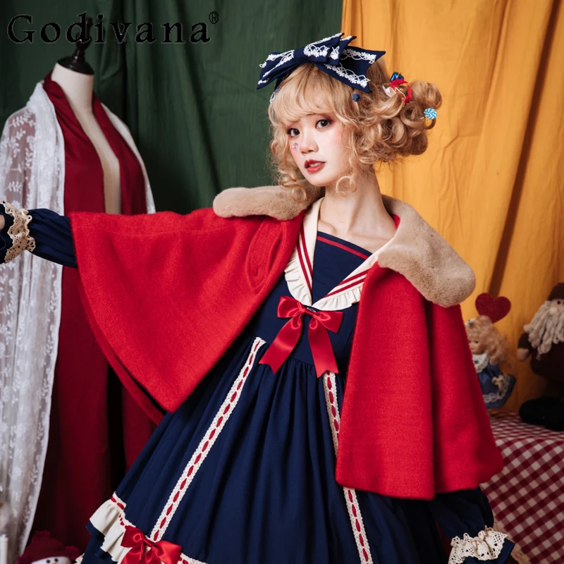 

Christmas Sweet Lolita Red Capes Ponchos Autumn and Winter New Women's Faux Fur Collar Short Jacket Girl's Sweet Cute Cloak 2025