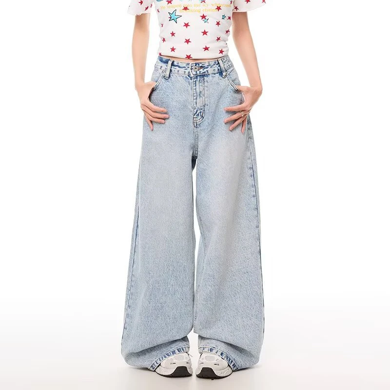 Women's Wing Print Pattern Jeans Cool Girl Bottoms Retro Street Blue Casual Pant Wide Leg Sweatpants Female High Waist Pants