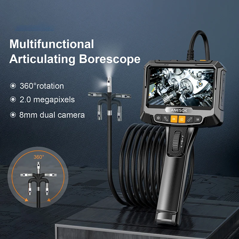 GXTWLSIX Steerable Industrial Endoscope Full HD 5“ IPS Display Borescope Piping Camera with 2000mAh Battery