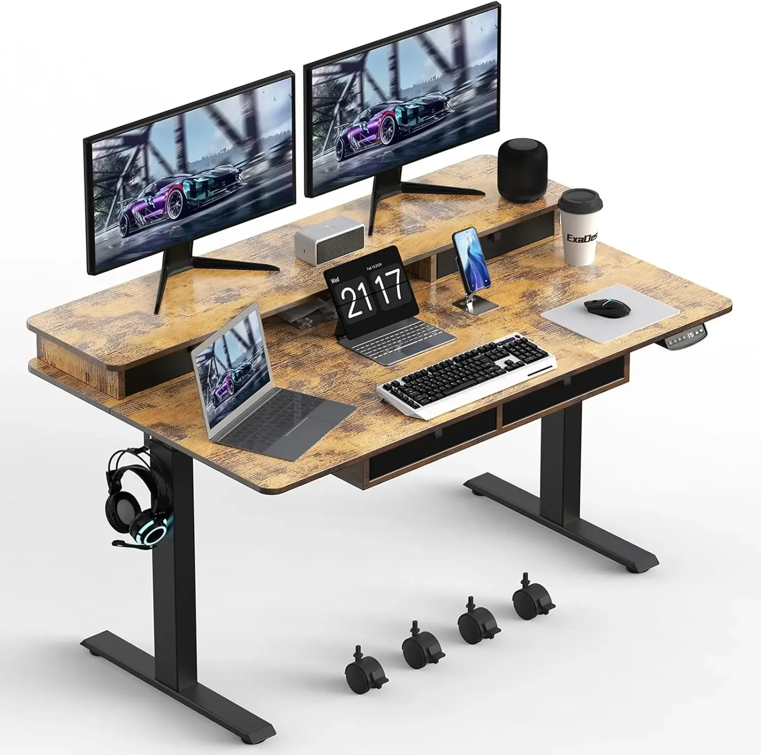

Standing Desk, 63 * 30 Inches Adjustable Height with 4 Drawers, Double Storage Shelves , Home Office Workstation (Rustic Brown)
