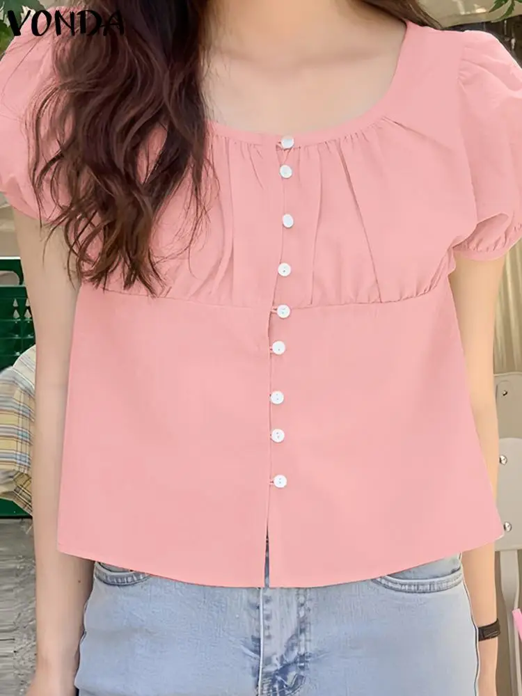 VONDA Women Elegant Shirts 2024 Summer Casual Short Sleeve Blouses Buttons Solid Color Pleated Tunic Tops Loose Blusas Femininas