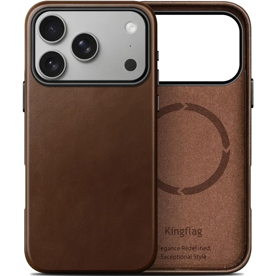 

Rustic Brown Full-Grain Oil Wax Leather Case for iPhone 17 Pro 6.3 inch with MagSafe Compatibility Metal Buttons and Camera Bez