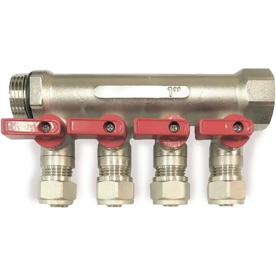 

4 Loop 1/2 Plumbing PEX Manifolds with 1 Trunk and 1/2 PEX Ball Valves for Radiant Floor Heating Systems - Durable Red Handles