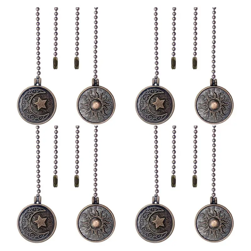 AA81-8Pcs Ceiling Fan Pull Chain Set Sun & Moon Pattern Pull Chains Extension Copper Beaded Ball Fan Pull Chain With Ornament