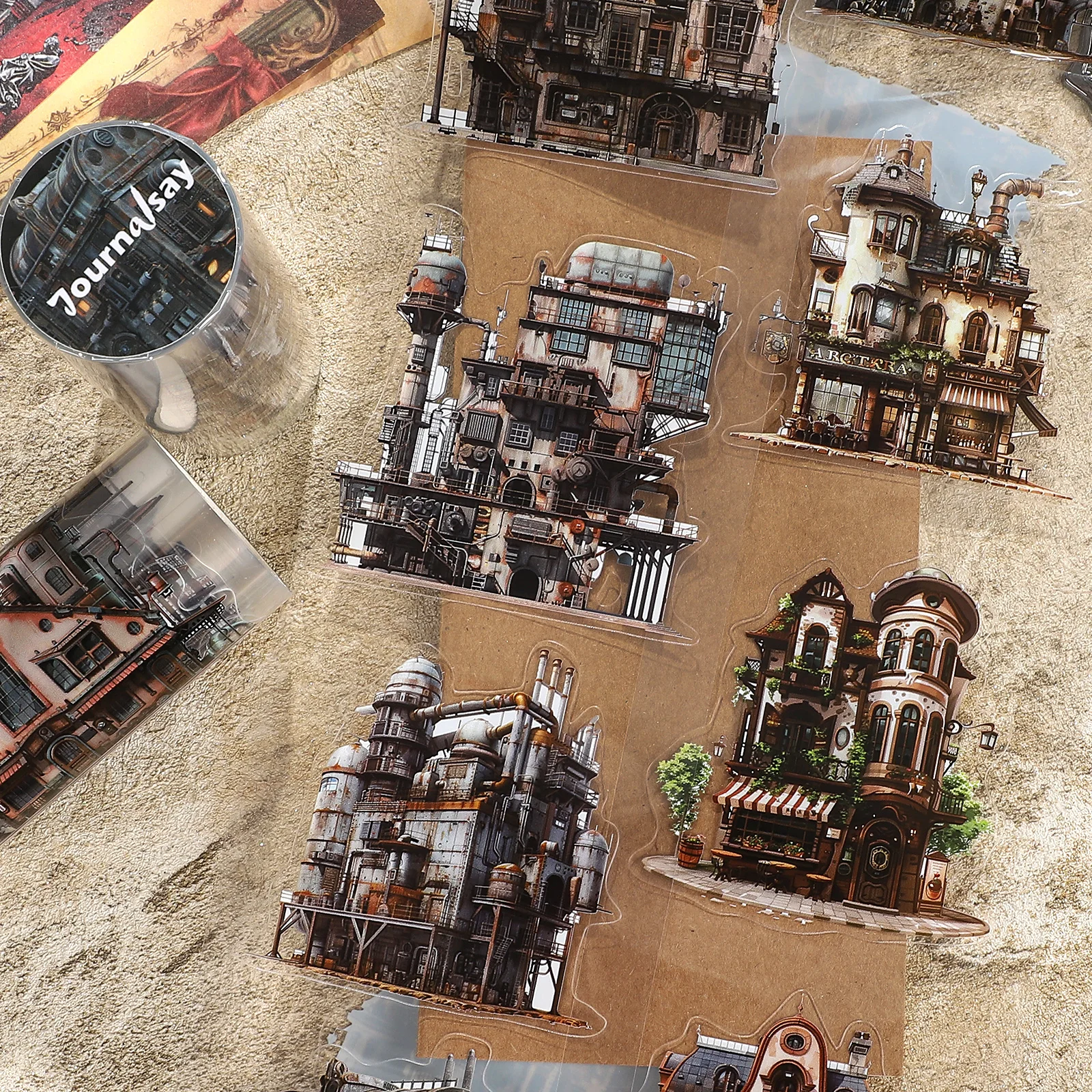 

80mm*200cm Vintage Steampunk House Landscape PET Tape Creative DIY Journal Material Collage Scrapbook Stationery