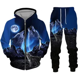 2024 new animal wolf 3D printed pullover hooded loose sports couple hoodie two-piece set hoodie+pants fashionable men's jacket