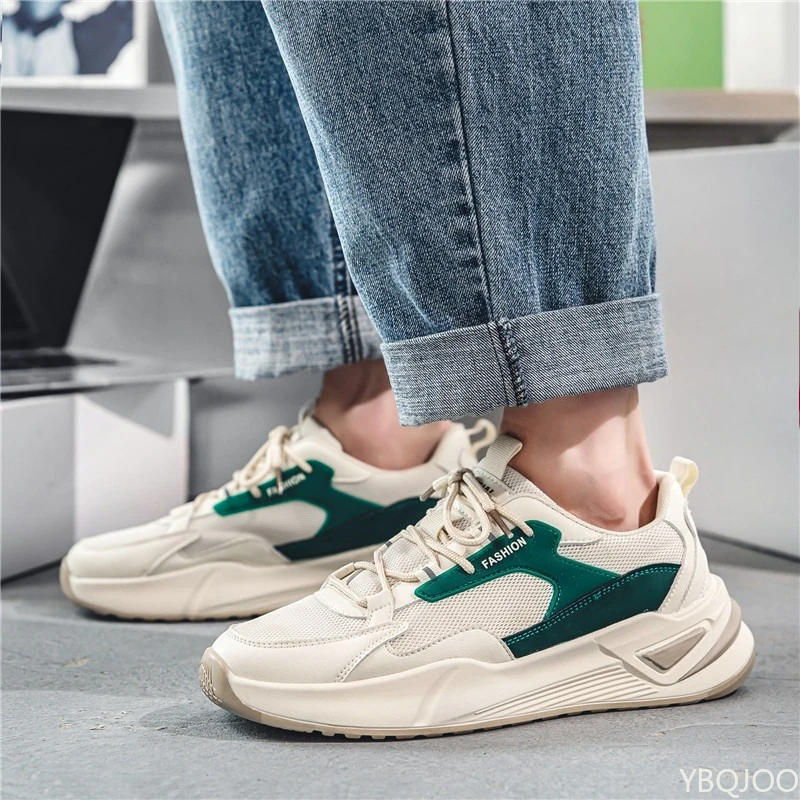 Sepatu pria serbaguna yang modis, sepatu kasual dengan blok warna, sepatu olahraga bersol tebal, sepatu kets pria yang ringan dan bernapas