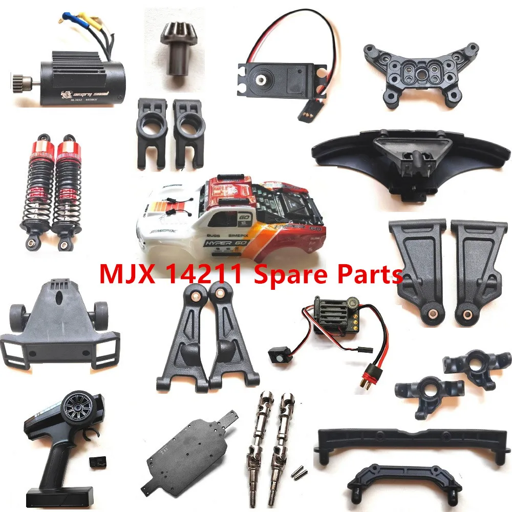Peças de reposição para carro RC MJX 14211 1/14: Carcaça, pneu, motor, ESC, braço oscilante, servo, amortecedor, diferencial, engrenagem, haste de tração, eixo de transmissão.