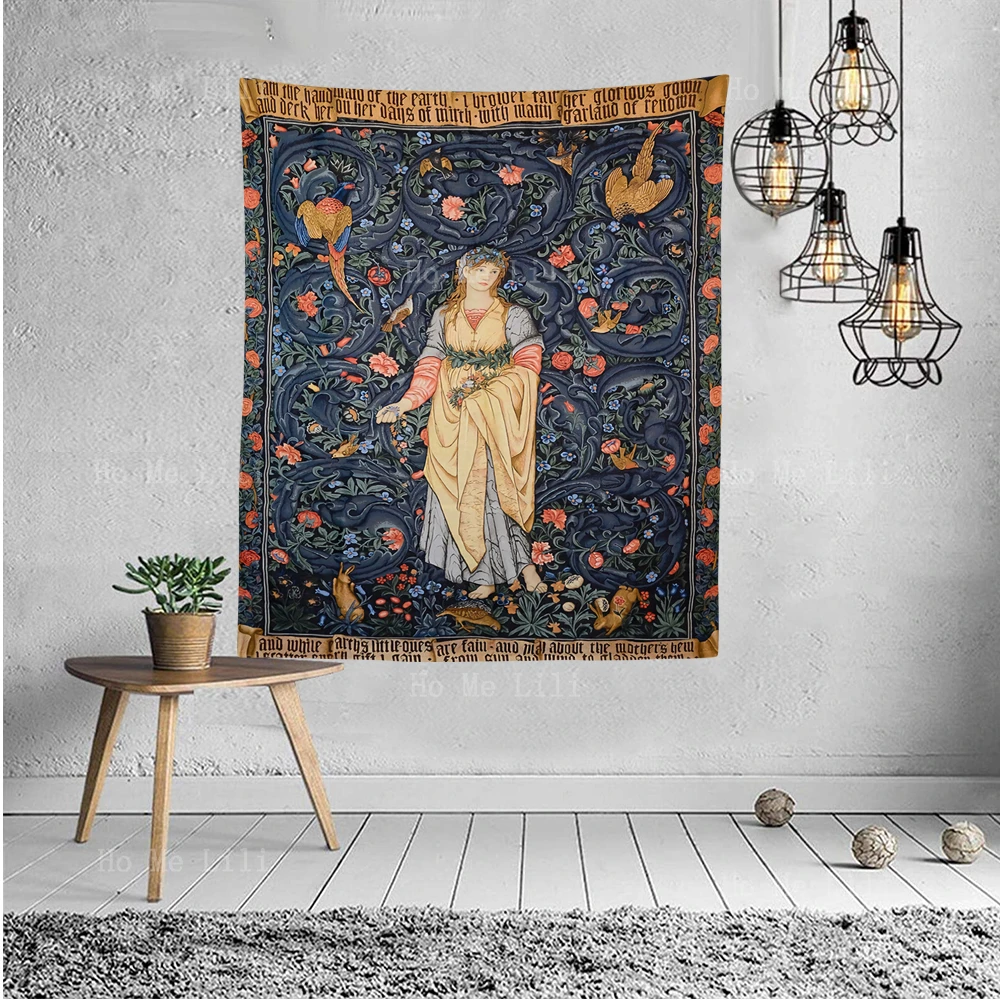 

William Morris'S Aesthetics Medieval Art Flower Totem With Girl In The Center And Surrounding Fruit Tapestry For Bedroom Decor