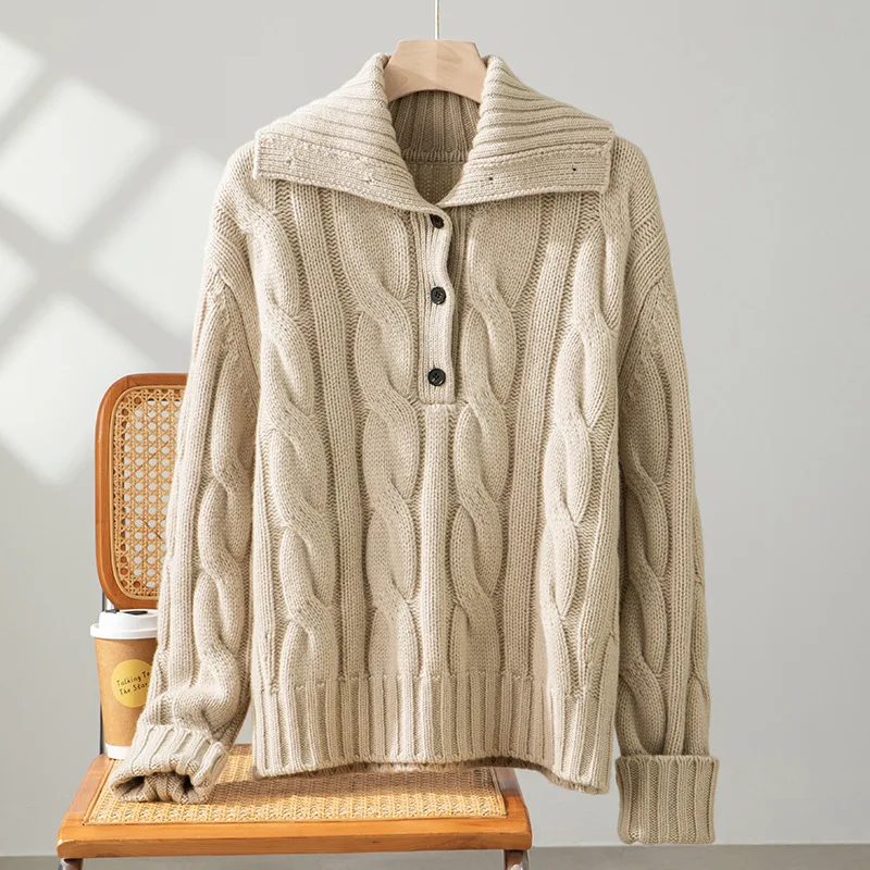 

Зимний массивный шерстяной свитер на пуговицах с воротником с лацканами, теплые вязаные свитера-кабель