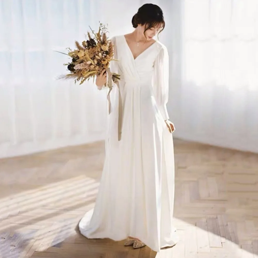 

Wedding Dresses V-neck Backless Boho Wedding Dress A-LINE Pleat Wedding Dresses for Women Customized