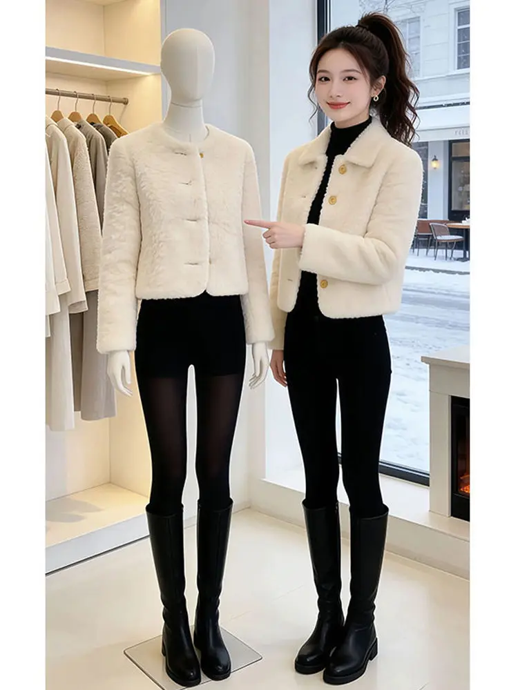 Koreańska kurtka z krótkiego futra jagnięcego dla kobiet, jesienno-zimowa, modna, z perłowym kołnierzem, elegancki płaszcz dla bogatych pań.
