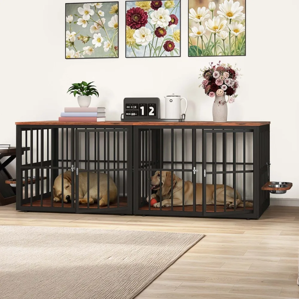 

88.6"L Dog Crate Furniture Style TV Stand for 2 Dogs with Dog Bowls Rustic Brown