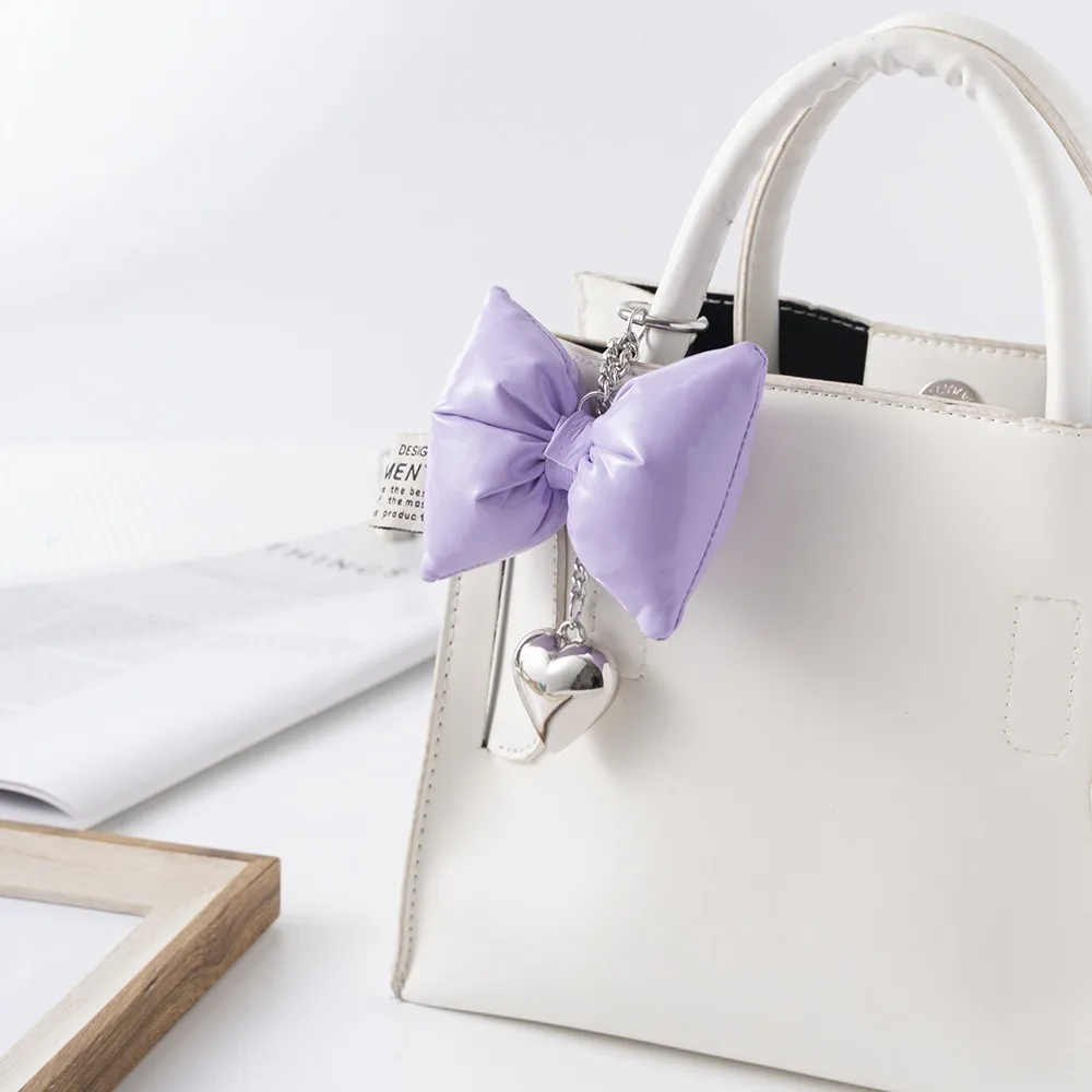 PU Leather Bowknot Heart Keychain Filling Cotton Metal Heart Mobile Phone Chain Exquisite Versatile Bow Bag Pendant