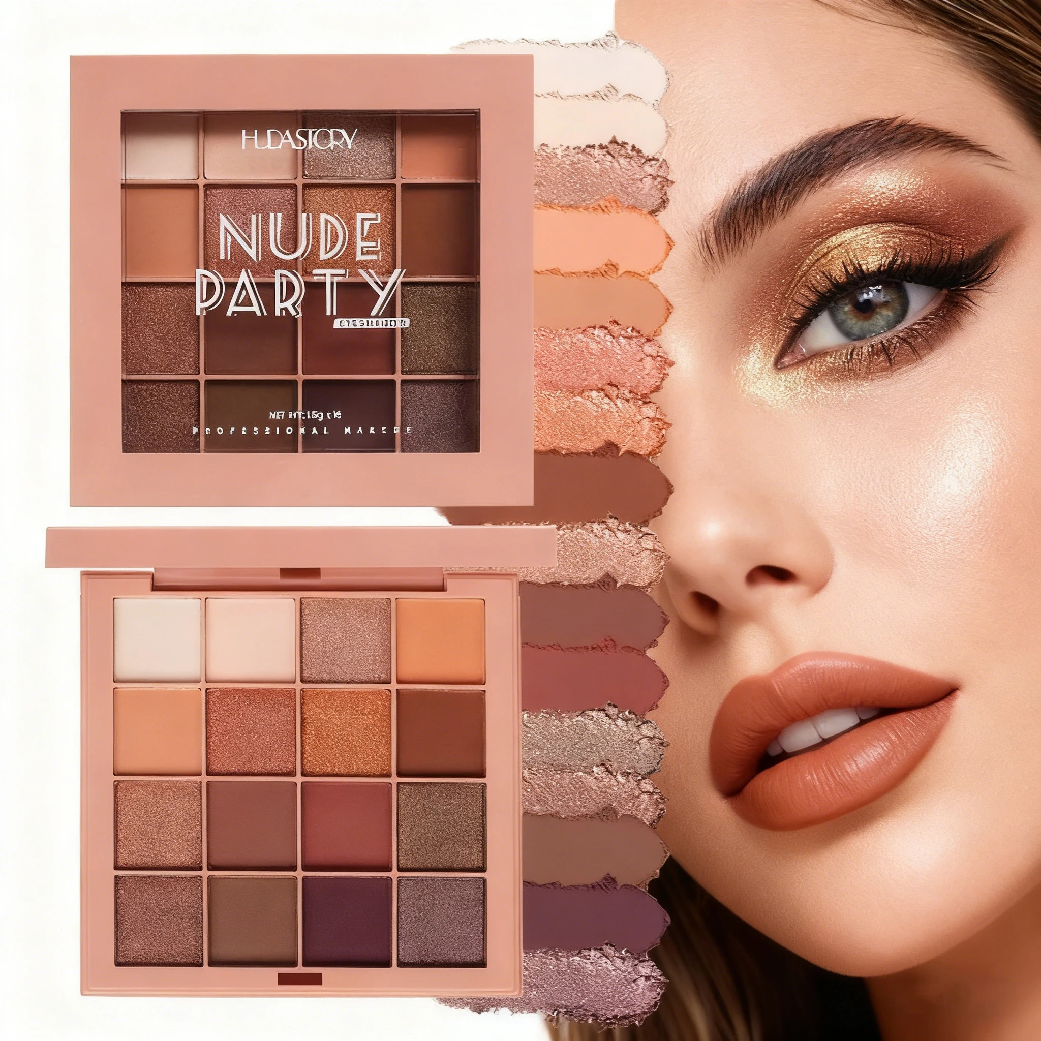 16色アイシャドウパレット、コーヒーブラウン＆ヌードメタリックトーン、マットグリッター＆メタリック仕上げ、スモーキーメイク、パーティー＆ステージ