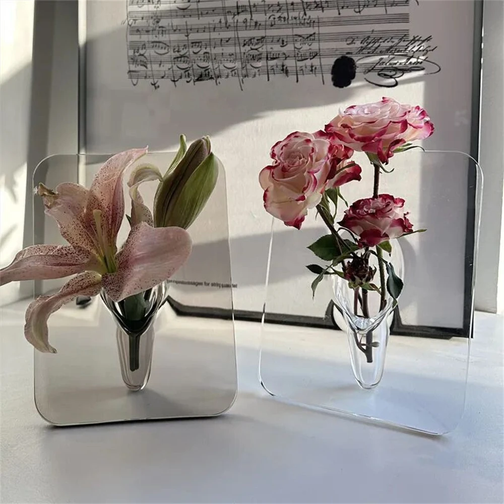 Modern Rectangle Flower Vase Ins Clear Acrylic Photo Frame Vase Living Room Office Vase Flower Holder Desktop Home Decoration