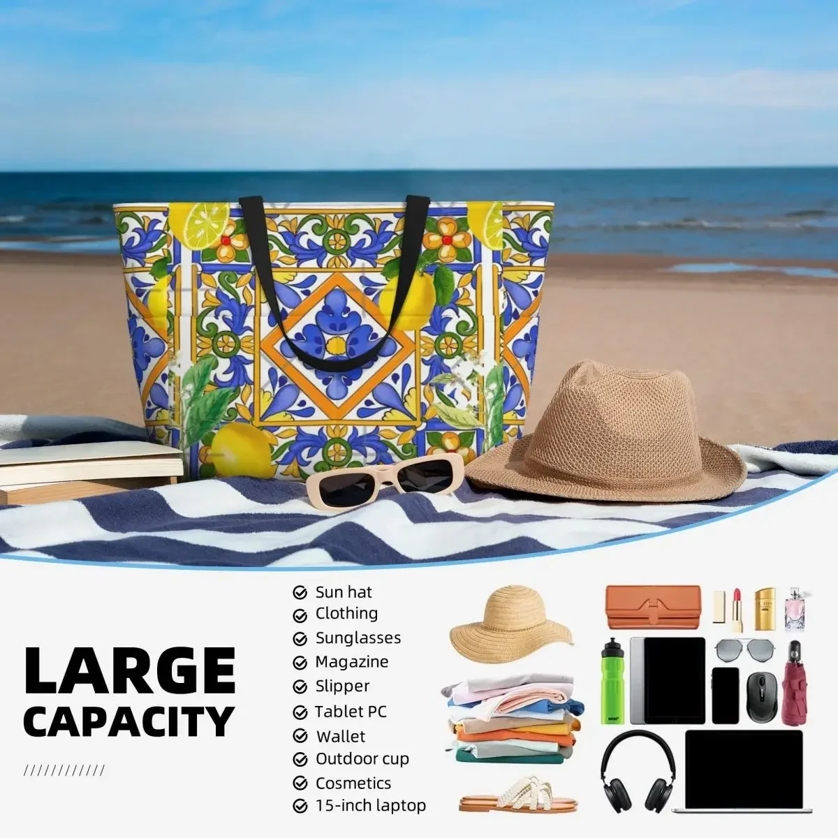 Zomer Siciliaanse Tegels Citrus Sinaasappelen Strand Reistas, Draagtas Trendy Shopping Cadeaus Schoudertas Multi-Style Patroon