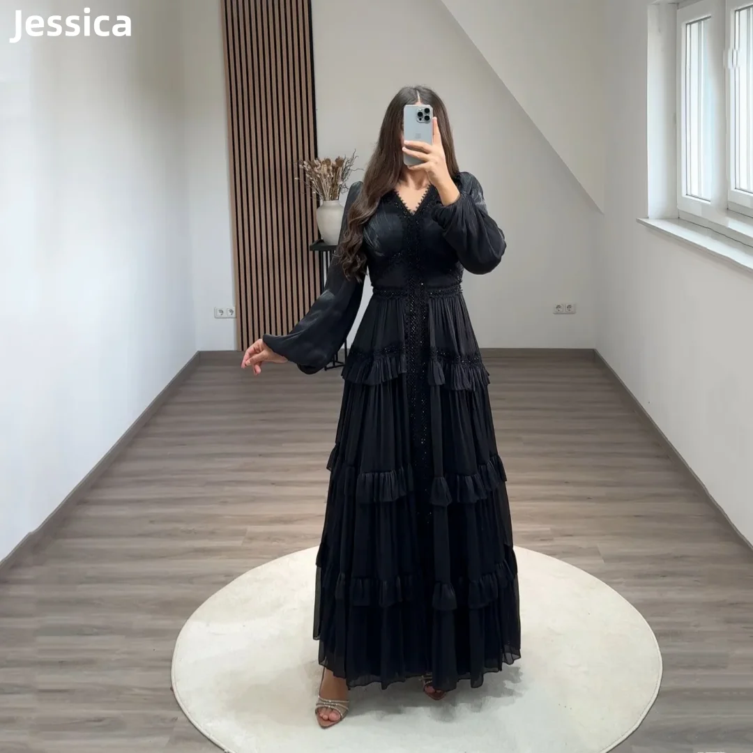 Jessica Black Wedding Dress Embroidered Beaded Arabian Lady Prom Dresses Tulle Long Sleeves Elegant فساتين سهرة Customized 2025