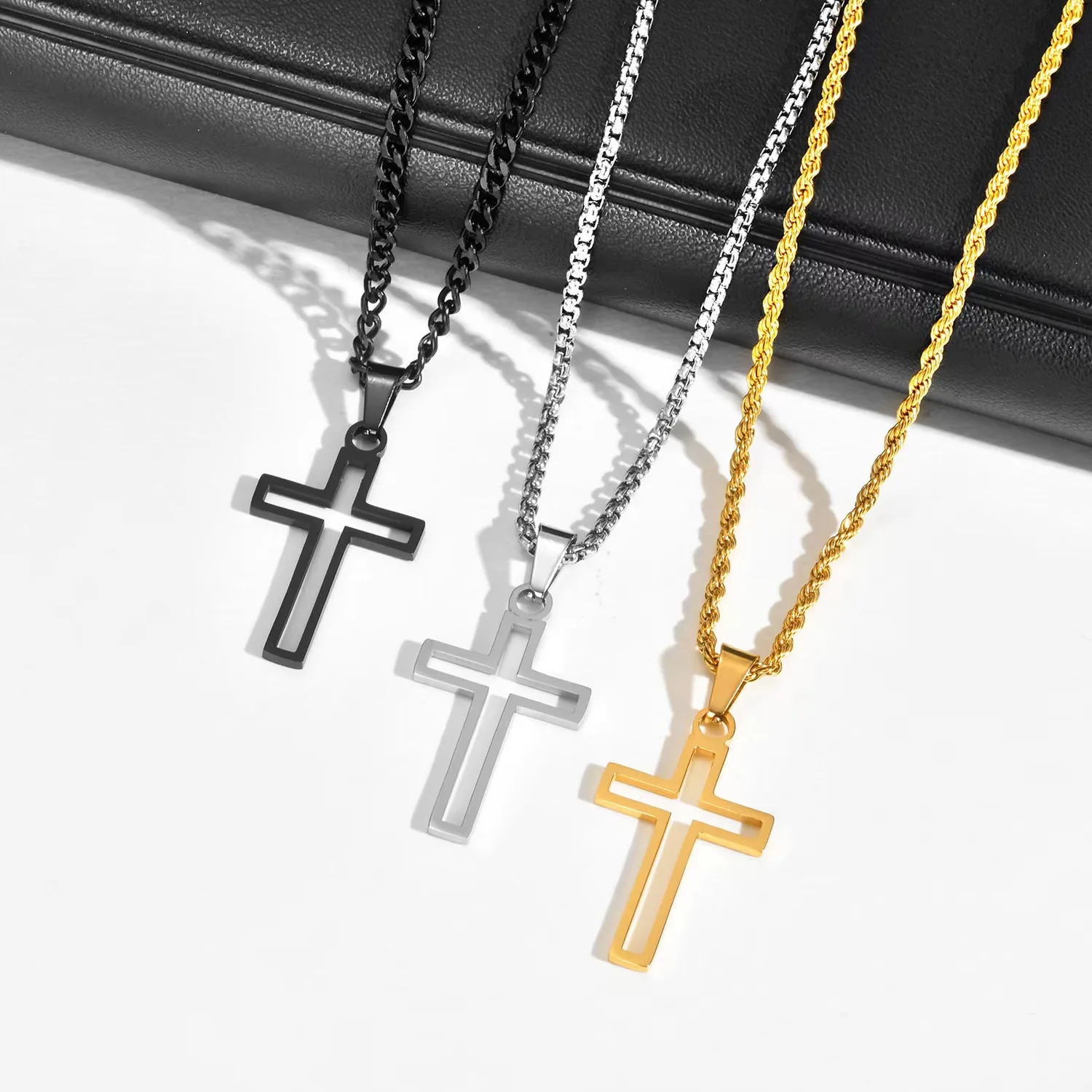 Cutout Cross Necklaces for Men Boys,Waterproof Stainless Steel Cross Pendant Necklace,Stylish Prayer Jewelry Gift