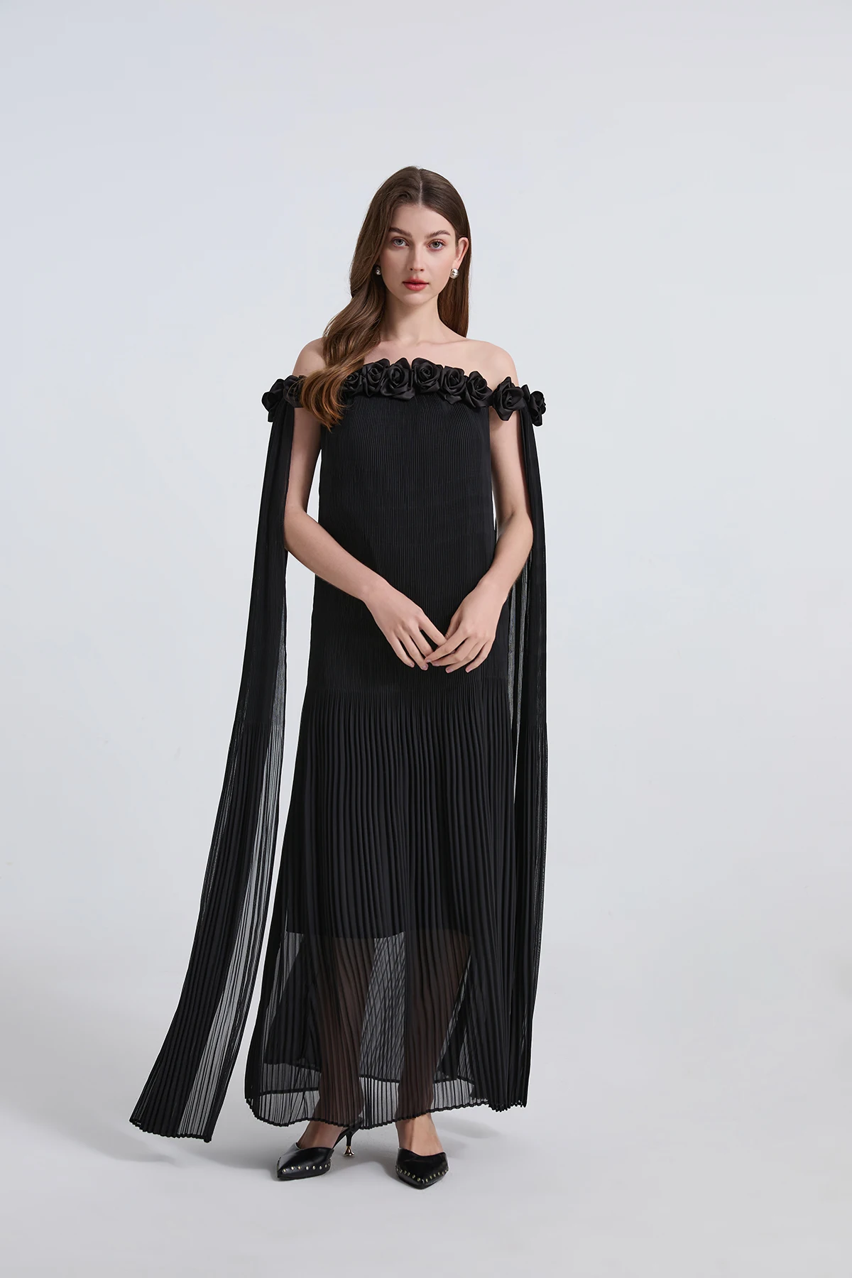 3D ดอกไม้ Splicing จีบชุดฤดูใบไม้ผลิผู้หญิงแขนกุด Slash คอปิดชุดไหล่ฤดูร้อนเอวสูงชุดลูกวัวกลาง