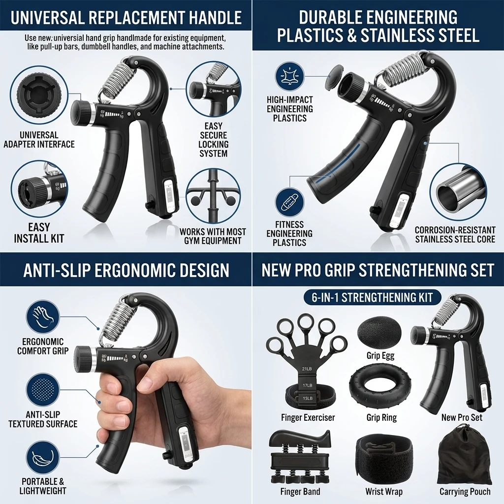 Universal Hand Grip With Spring Set Fitness Engineering Plastics Stainless Steel Durable Replacement Handle For Exercise Equipment Gym Training Pull Up Bar Dumbbell Barbell Machine Home Workout Anti Slip Ergonomic Portable Easy Install Kit New Pro Set