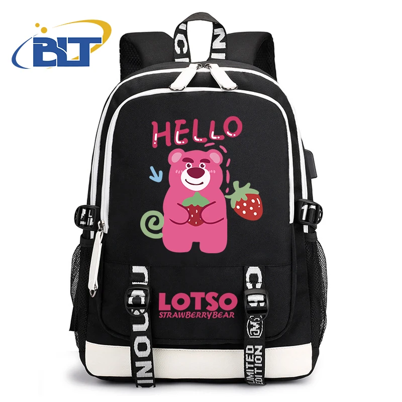 Mochila escolar con estampado de oso lotso para estudiantes, mochila USB, regalo para niños y niñas