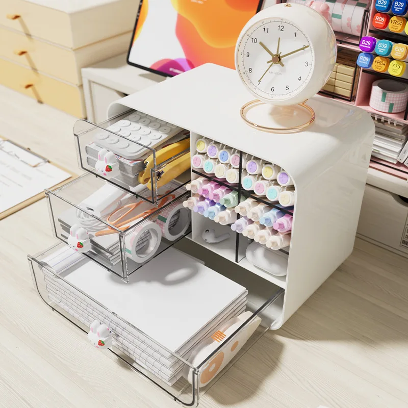 

Three Transparent Drawers Multi-compartment for Markers Stationery and Office Supplies Storage Multifunctional Desk Organizer