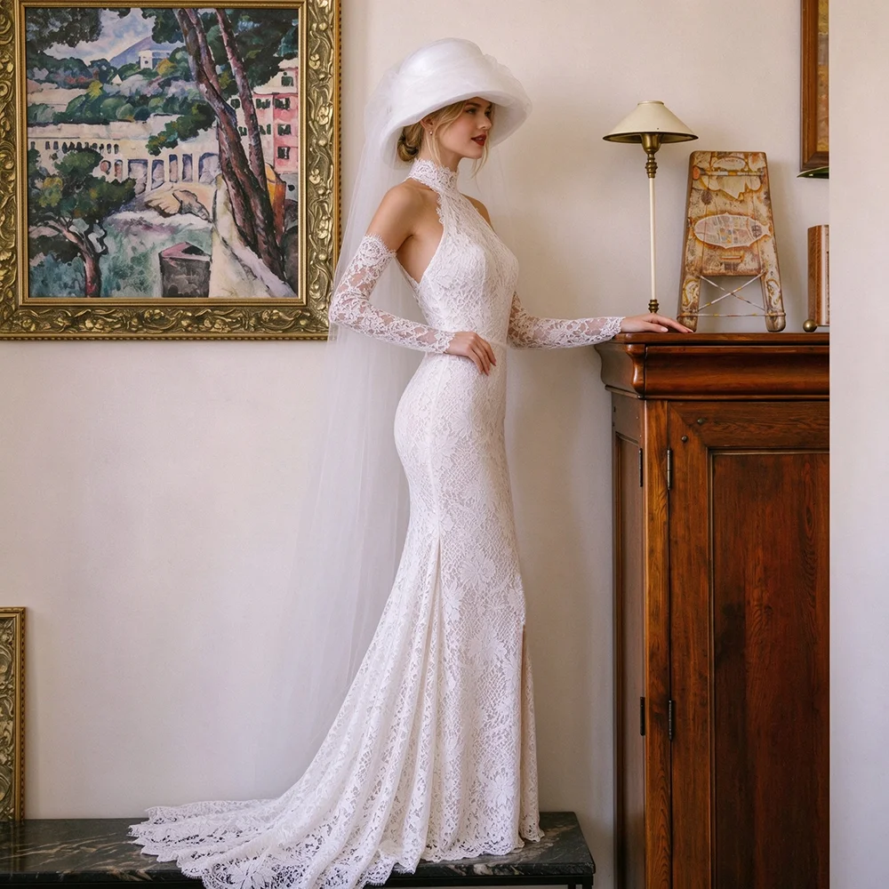 Long Sleeves Mermaid Round Halter Floral Lace Wedding Dress Customized Backless Elegant Godet Skirt Fitted Ivory Bridal Gowns