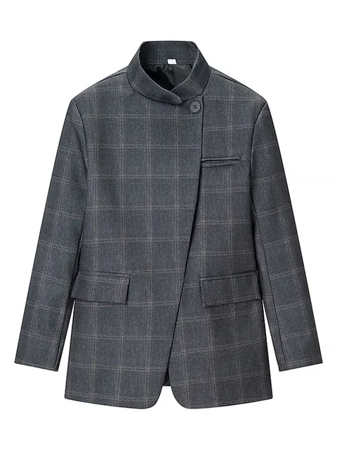 HH Women Casual Asymmetrical Dark Grey Blazer One Button Long Sleeve Jacket Coats Trend – view 5