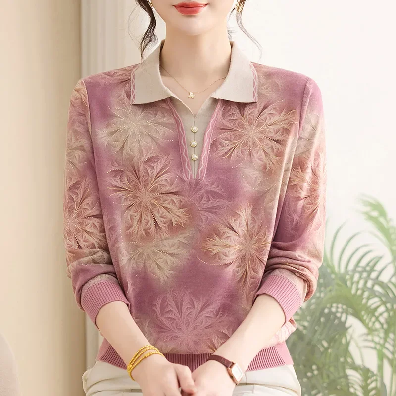 Middle Aged Women Gradient Floral Print Lapel Knit Blouse Thin Long Sleeve Elegant Autumn Mother Daily Layering Top