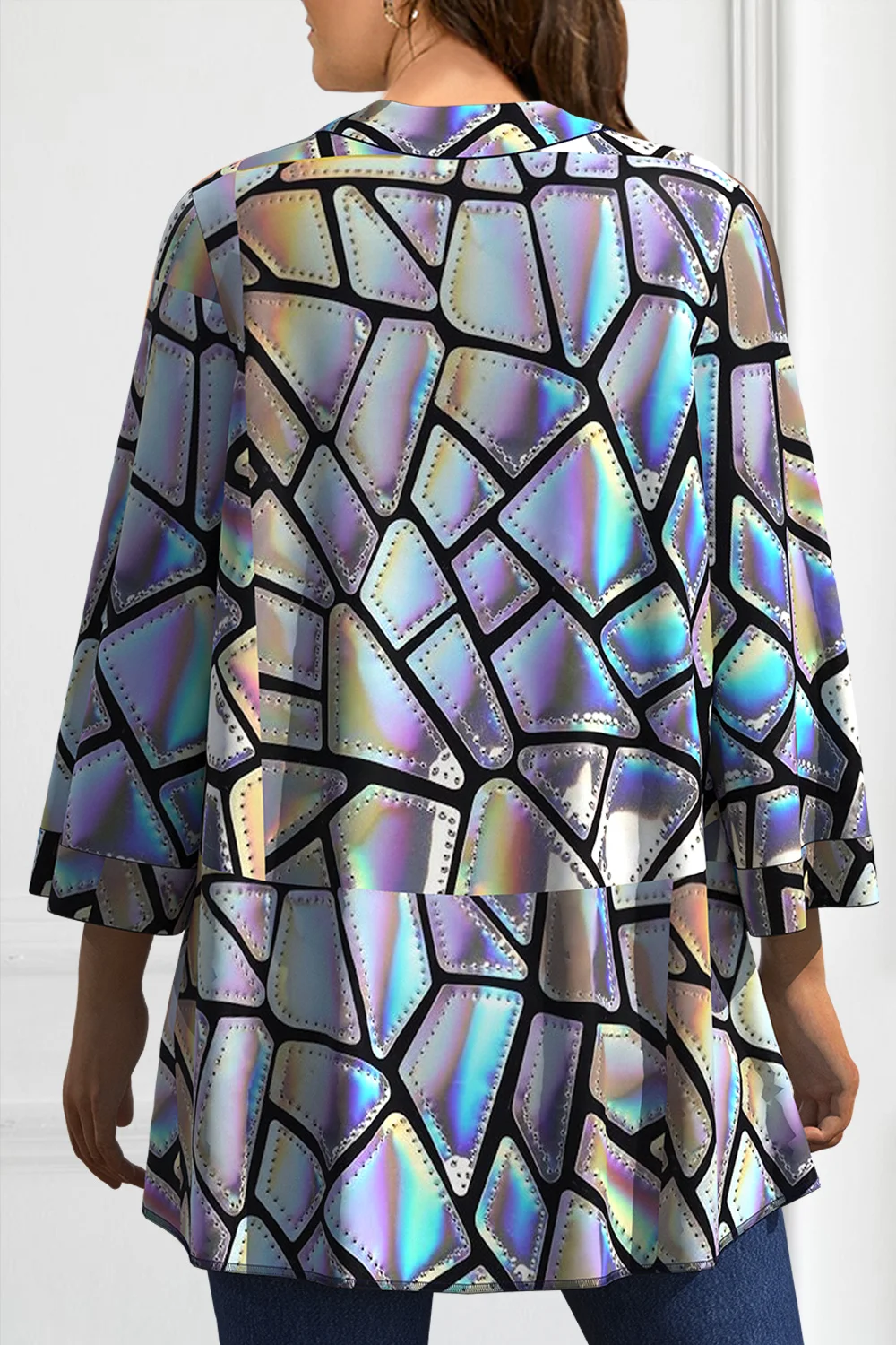 Plus Size Kimono Cardigan Iridescent Geometric Print 3/4 Sleeve Loose Cover Up Jacket Casual Open Front Outerwear for Women