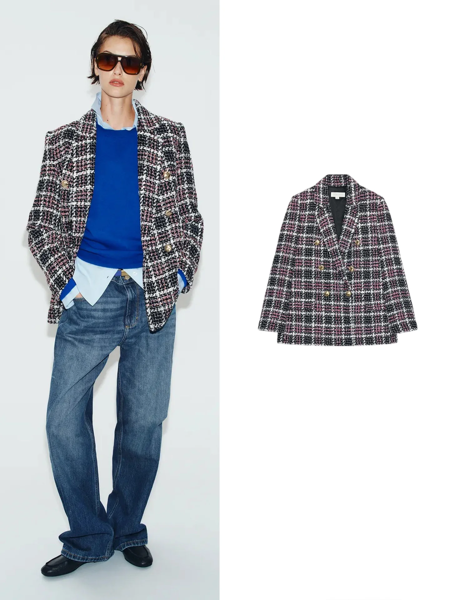 New Autumn Women's Commuter Style Long Sleeve Plaid Suit Jacket Shoulder Pads Included Fashionable Business Casual Outerwear
