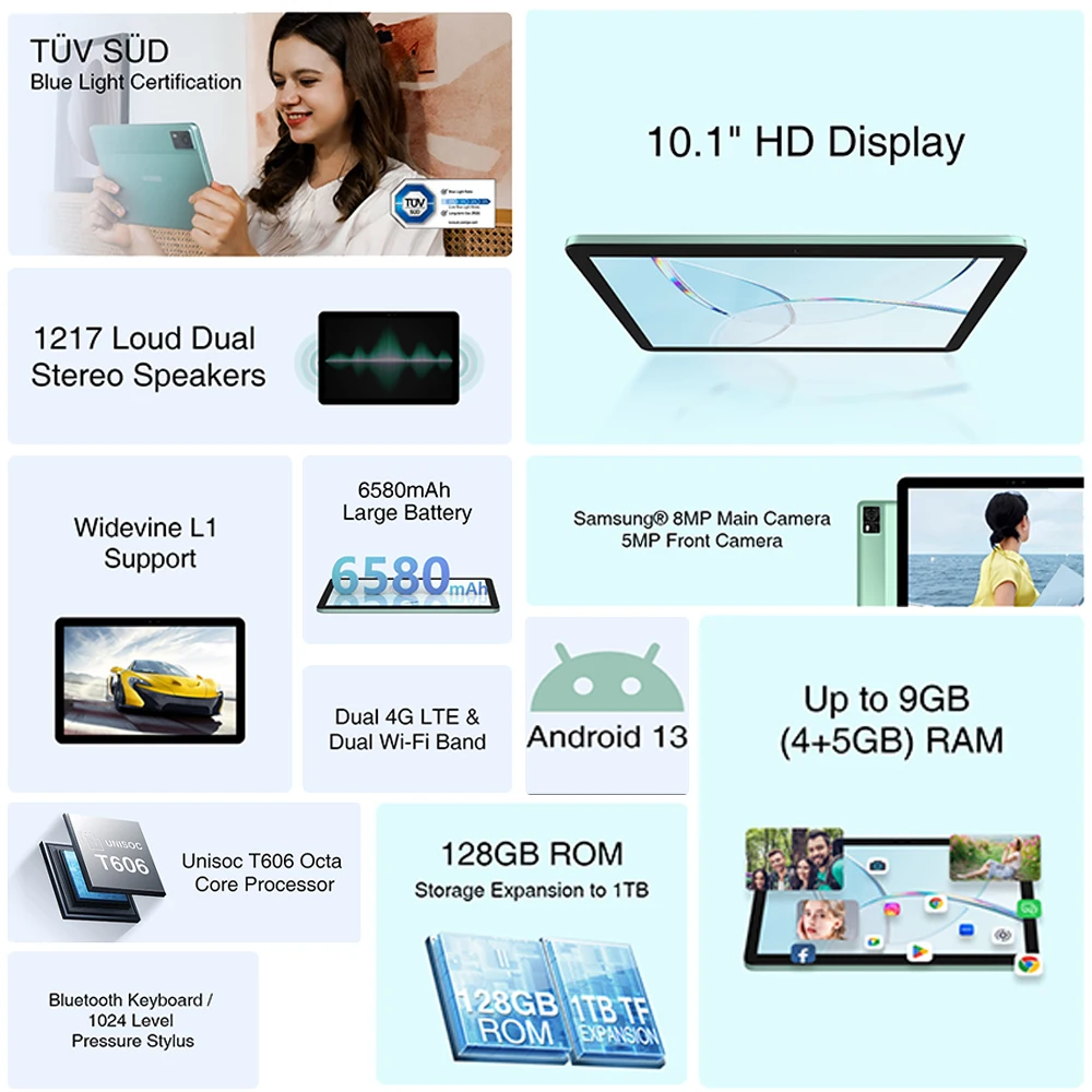 DOOGEE-Tableta T10E con Android 13, pantalla de 10,1 pulgadas HD TÜV SÜD con certificación de luz azul, T606, ocho núcleos, 4GB + 128GB, cámara de 8MP, batería de 6580mAh