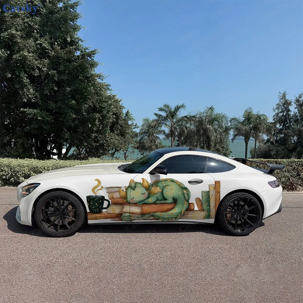 2pcs Books And Dragons Stickers Car Stickers; Full-body Floral Decoration Covering Scratches; Waterproof Car Vinyl Wraps