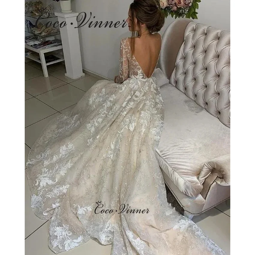 Personalizado Europa Sexy vestido de novia sin espalda 2025 nuevas mangas completas cuello en V una línea vestidos de novia bohemios Apliques de encaje W1395