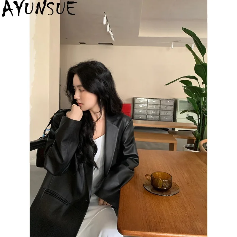 AYUNSUE Real Leather Jacket Woman Top-Grain​ Sheepskin Suit Jackets for Woman Korean Loose Black Outerwears Woman Clothes Casaco