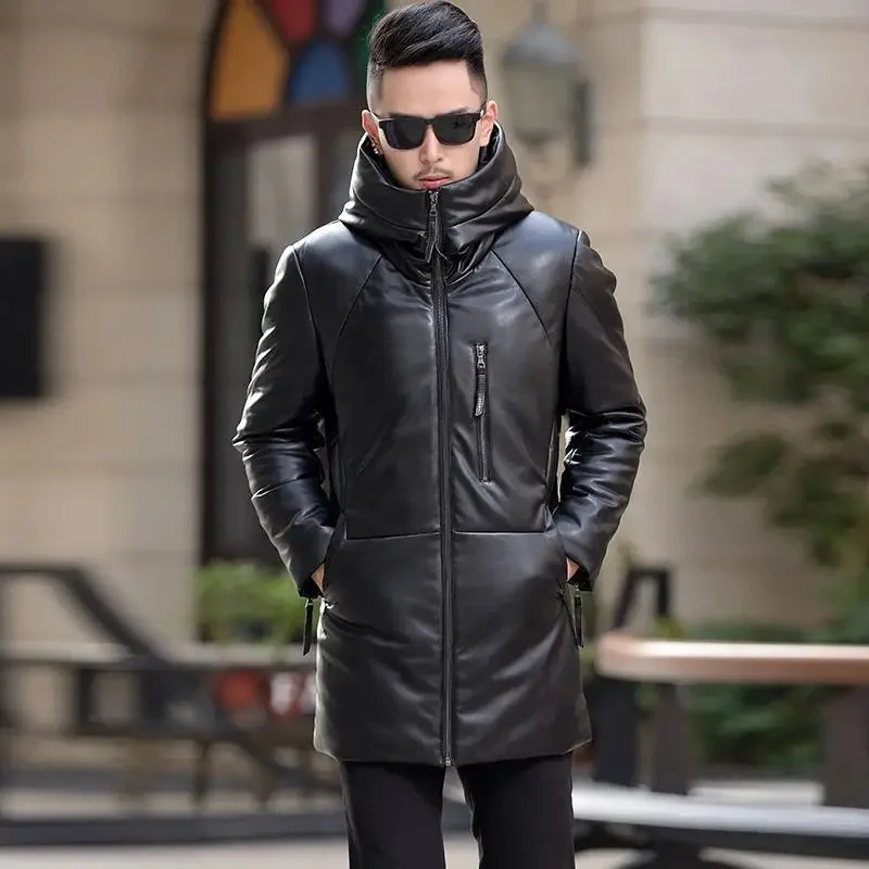 Sheepskin Down Jacket Men Mid Length Korean Slim Fitting Hooded Windbreaker Male Luxury Brand Puffer Man Winter Coat