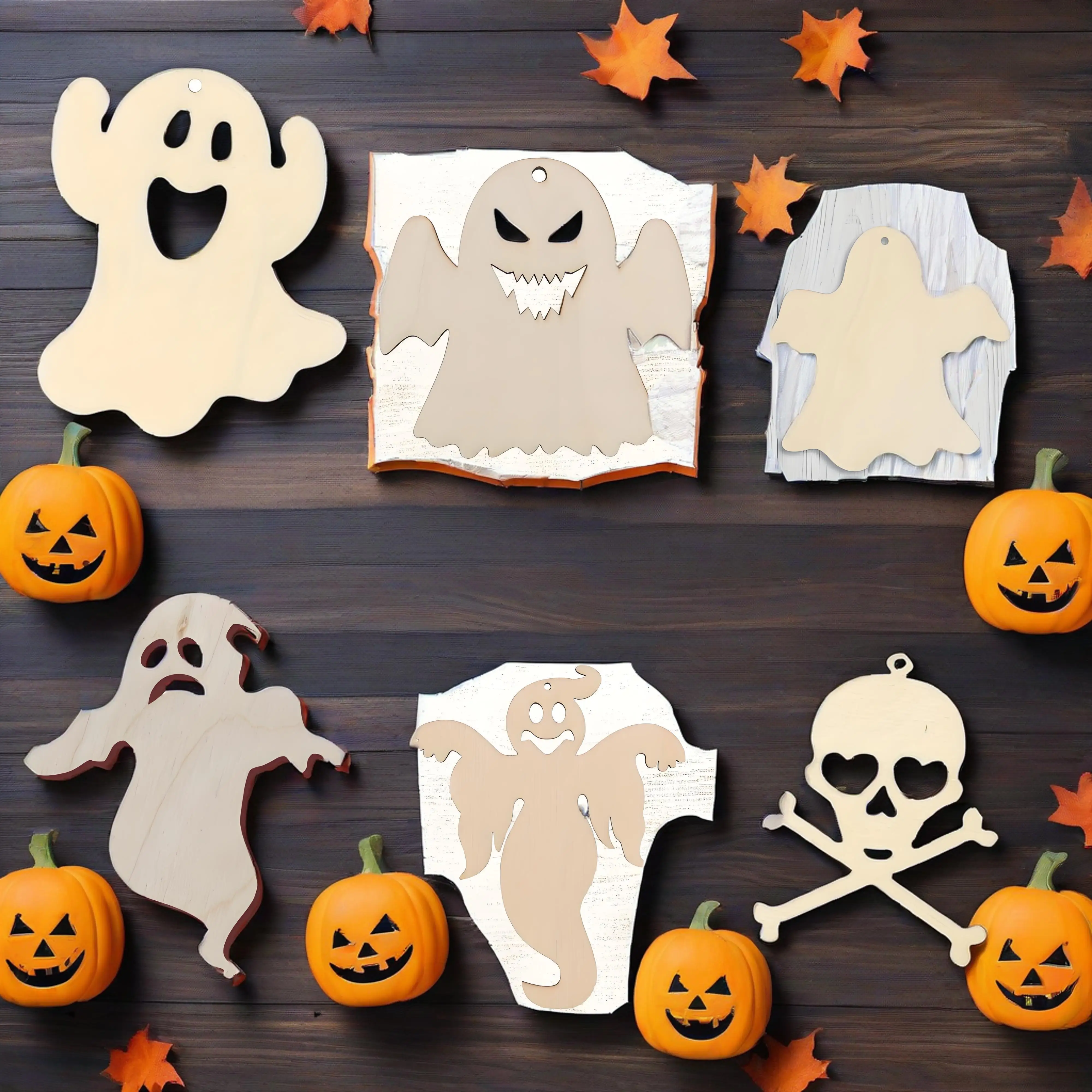 10 pcs Unfinished Wooden Halloween Cutout Ornaments Wooden Slices, Hanging Tags for Halloween Decorations