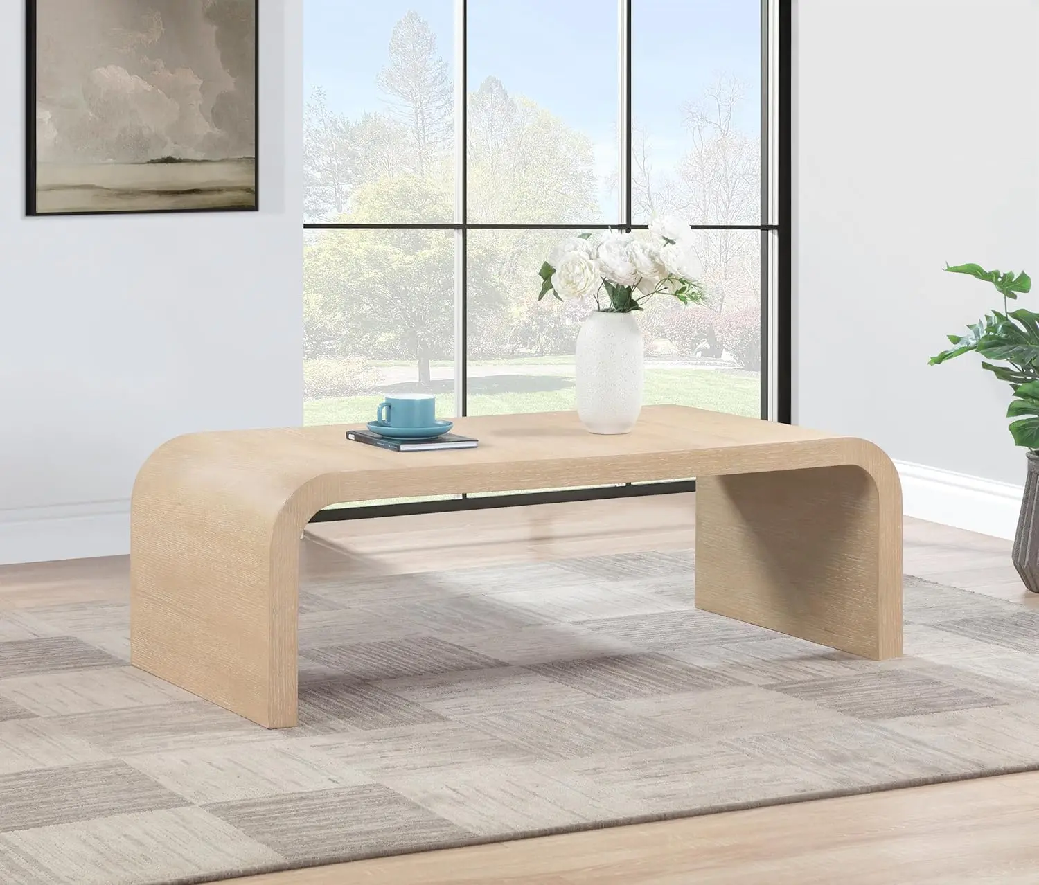 

272-C Cresthill Collection Mid-Century Modern Coffee Table with Oak Wood, Natural White Oak Finish, Curved Art Deco Design