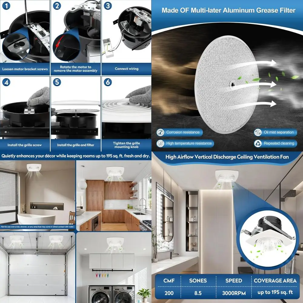 

8 Inch White Ceiling Ventilation Fan for Bathroom, Kitchen Exhaust, Attic, and Garage