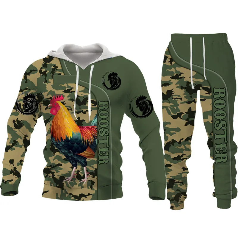 3d Print Oversized Rooster Hunting Camo Tracksuit Set Harajuku Man Hoodie+pants Two Piece Set Cock Animal Casual Pullover