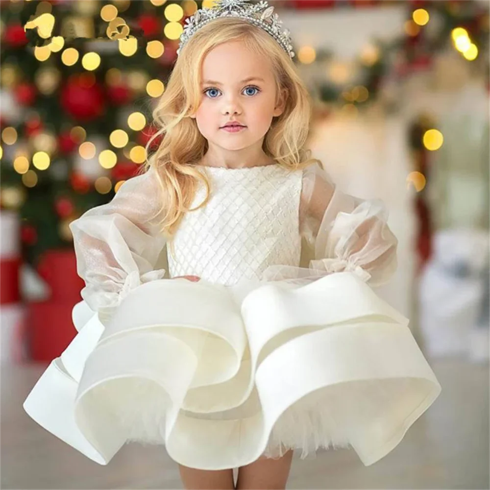 

2023 Tulle Flower Girl Dresses for Wedding Little Bride Princess Kids Pearl Sequins First Communion Evening Party Puff Ball Gown