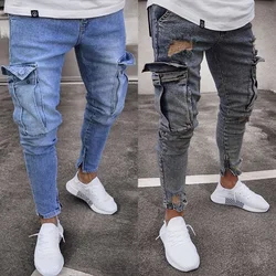 Calça jeans masculina lápis, bainha jeans sólida, cintura média, zíper, bolsos, slim fit, comprimento do tornozelo, buracos de rua, leve estiramento